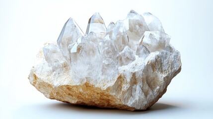 A stunning cluster of clear quartz crystals on a light gray background, showcasing their natural beauty and unique formations.