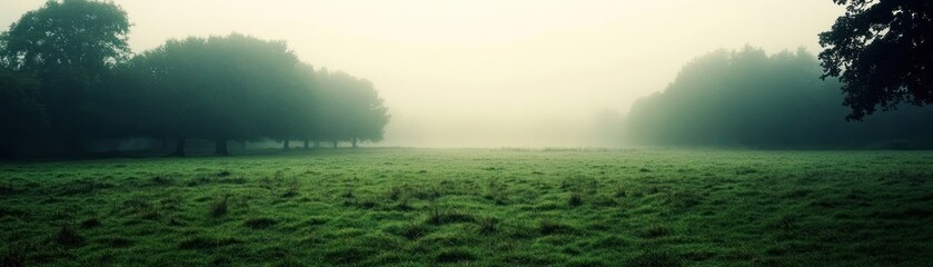 Obraz premium A misty landscape with trees and grass, evoking tranquility and nature's beauty.