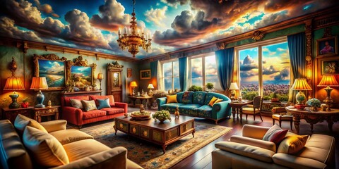 Naklejka premium Surreal Weightless Living Room with Tilt-Shift Photography: A Dreamy Sofa and Furniture Scene for Interior Art Wallpaper, Print, and Poster Design
