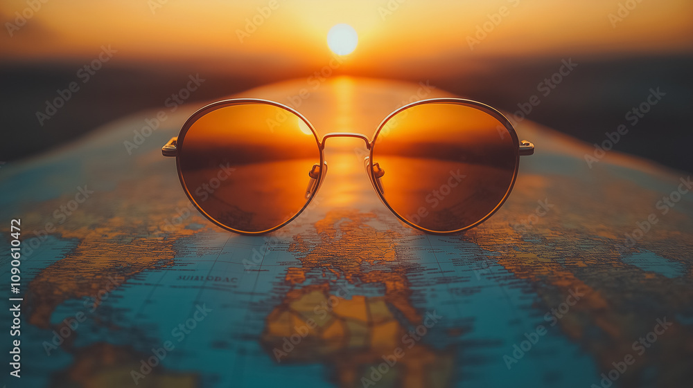Poster a pair of sunglasses is on a map of the world. the sun is setting in the background, casting a warm 