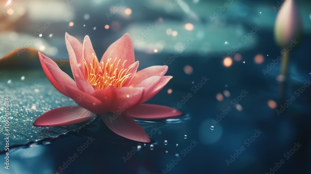 Poster stunning close-up of a pink water lily blooming on a serene pond surface with shimmering reflections