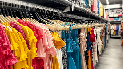 Fototapeta premium Colorful Summer Dresses Hang on Racks in Retail Store, Bright and Vibrant Apparel Displayed for Sale