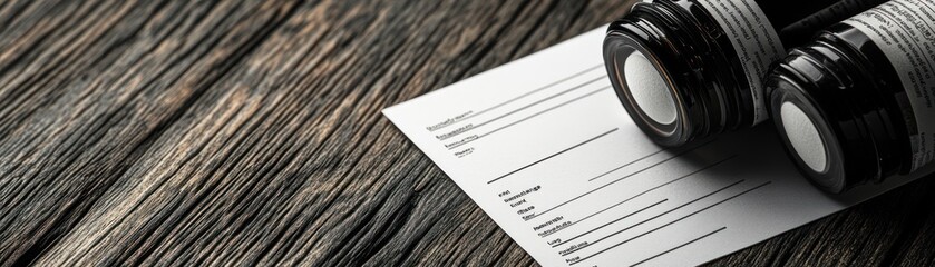 Two bottles on a paper form resting on a wooden surface.