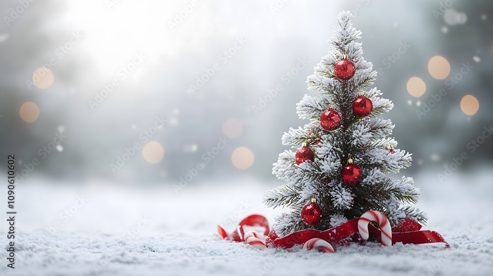 Poster a small christmas tree with red and white decorations sits in the snow. the tree is surrounded by ca