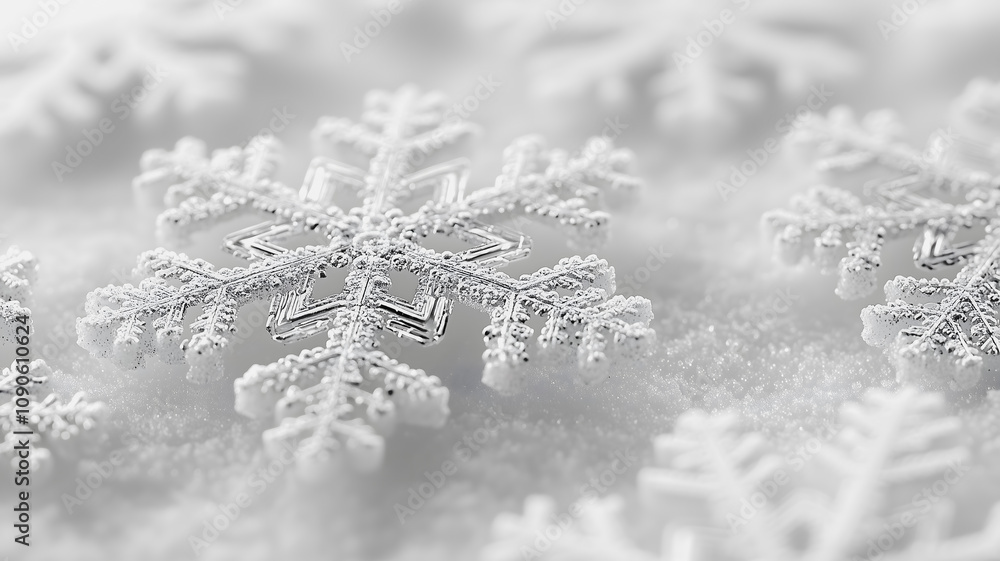 Poster a close up of a snowflake with a white background. the snowflake is surrounded by a white snow-like 
