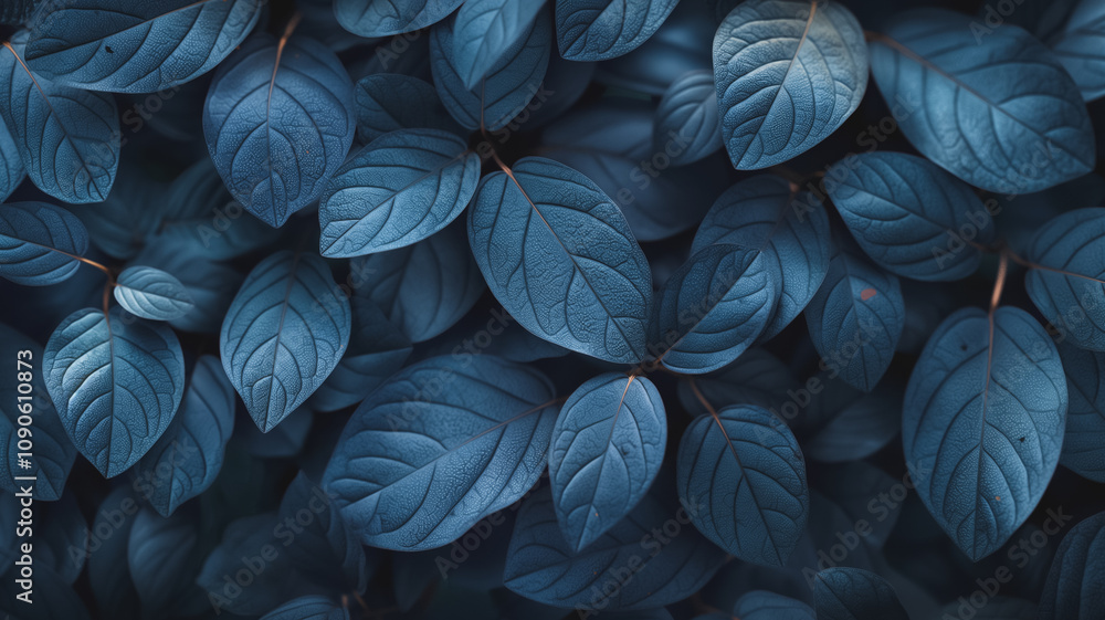 Poster a close up of blue leaves with water droplets on them. the leaves are arranged in a way that creates