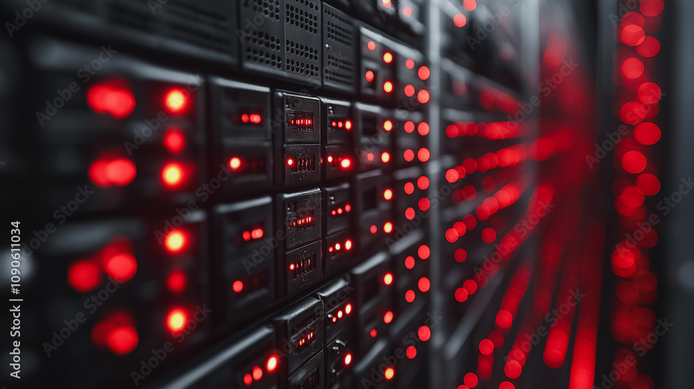 Poster a row of computer servers with red lights on