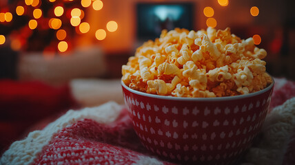 A bowl of popcorn is sitting on a red and white blanket. The bowl is filled with yellow and white popcorn, and the blanket is decorated with red and white stripes. The scene is cozy and inviting