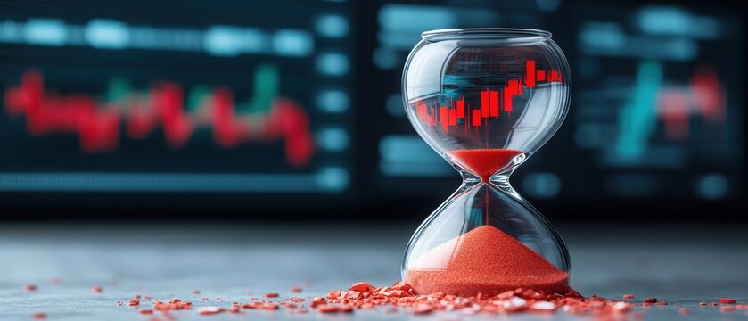 Investing mistake fail business and volatility Concept, Hourglass with red sand symbolizes time management and urgency against a backdrop of financial market graphs.