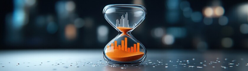 Investing mistake fail business and volatility Concept, A modern hourglass with orange sand and bar graphs, symbolizing time management and data analysis in a digital environment.