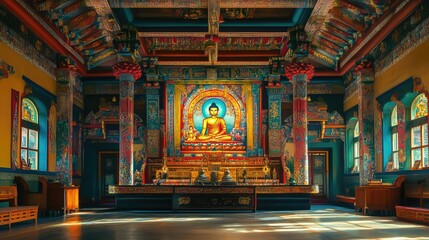 Obraz premium Serene Interior of a Colorful Buddhist Temple Featuring a Majestic Buddha Statue Surrounded by Intricate Decorations and Peaceful Atmosphere for Spiritual Reflection