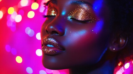 Glamour in the Neon Glow: A close-up of a woman's face, adorned with glittering gold makeup against a vibrant neon backdrop. The ethereal.