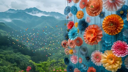 The photo showcases an outdoor display of intricate Japanese washi paper art, featuring vibrant anime-style patterns, hanging against a backdrop of a misty mountain valley, Photography, National Geogr