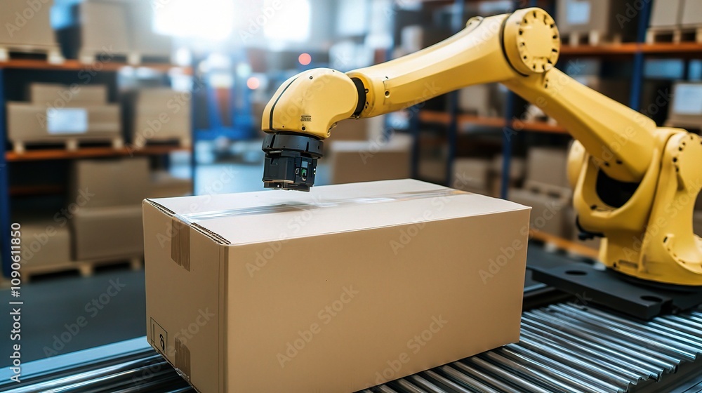 Poster automated robotic arm handling cardboard box in warehouse environment with storage shelves and inven