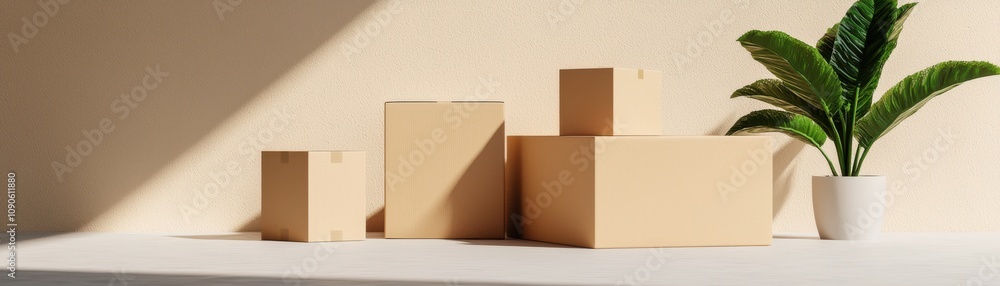 Poster a minimalist display of various cardboard boxes arranged on a light-colored surface, accompanied by 