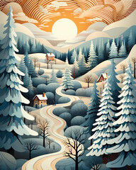 Fototapeta premium Scenic winter landscape with winding road and snow-covered trees at sunset
