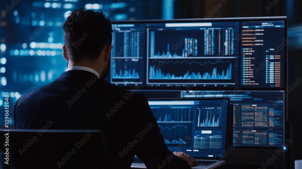 Poster A man in a suit is sitting at a desk with multiple computer monitors