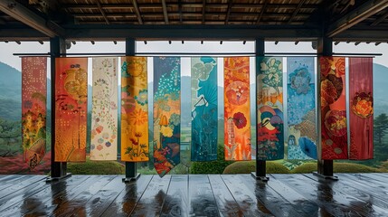 The photo showcases an outdoor display of intricate Japanese washi paper art, featuring vibrant anime-style patterns, hanging against a backdrop of a misty mountain valley, Photography, National Geogr