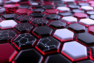 Fototapeta premium Hexagonal pattern showcasing vibrant black and white tiles with glowing red accents at night
