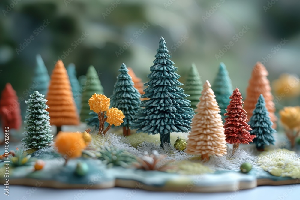 Poster create a minimalist christmas forest in a serene setting with simple geometric shapes