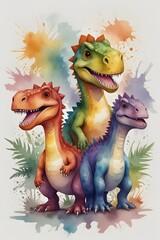 Fototapeta premium Colorful cartoon dinosaurs in watercolor style