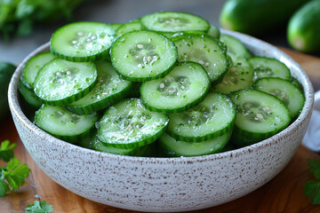 ceramic bowl filled with sliced ​​fresh cucumber slices.  
