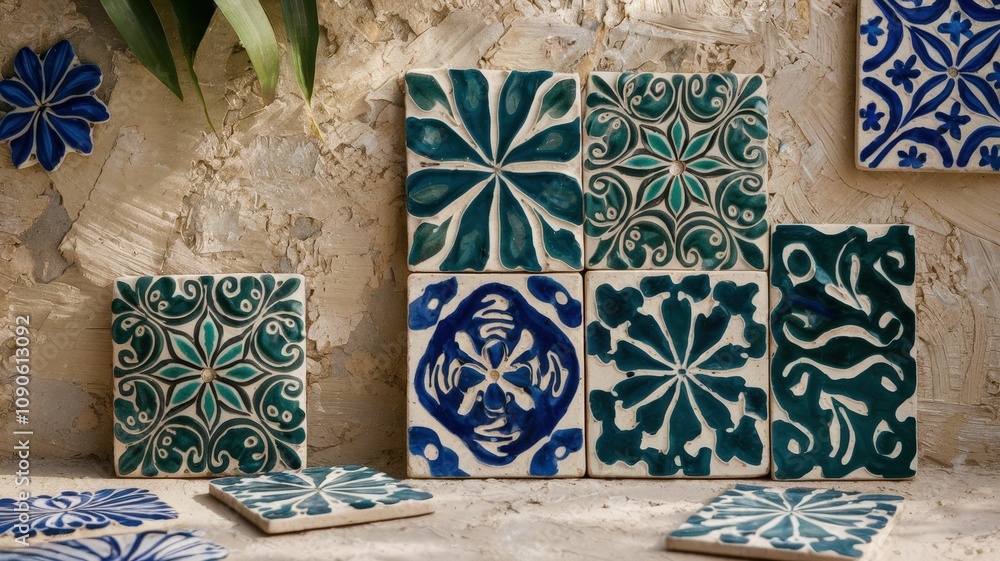 Poster the image features beautifully designed ceramic tiles with intricate patterns in green and blue, set