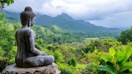 Serene Buddha Statue Overlooking Lush Green Mountains Under Cloudy Sky with Vibrant Nature and Peaceful Landscape in Tranquil Setting