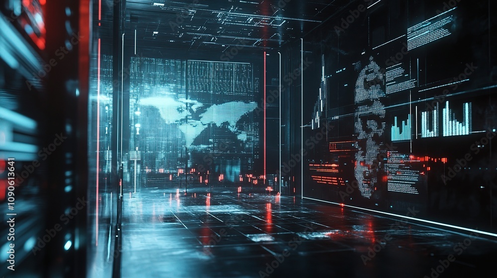 Poster cybersecurity data center: futuristic server room corridor displays global network data, showcasing 