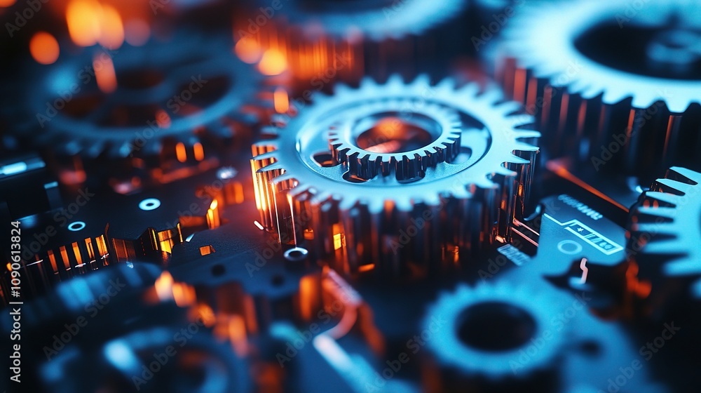 Poster gears of innovation: a close-up shot of intricate, metallic gears interlocked and moving in perfect 