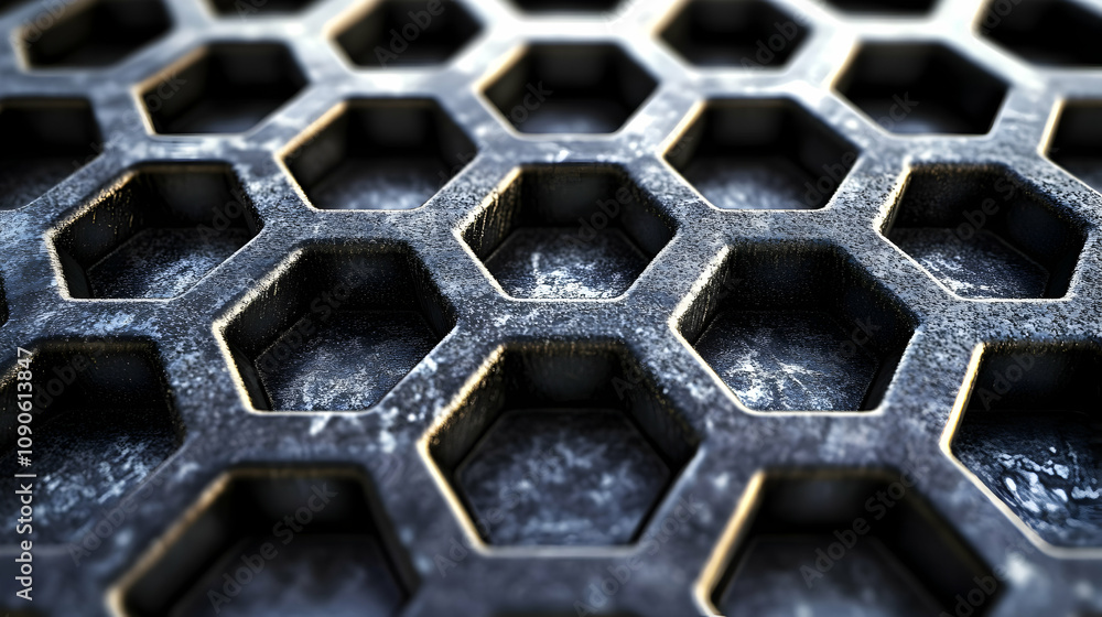 Poster abstract 3d render of dark metallic hexagonal grid background, detailed and textured
