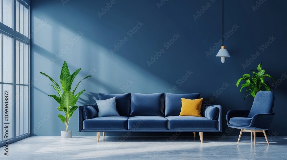 Poster a blue couch sits in front of a window with a yellow pillow on it
