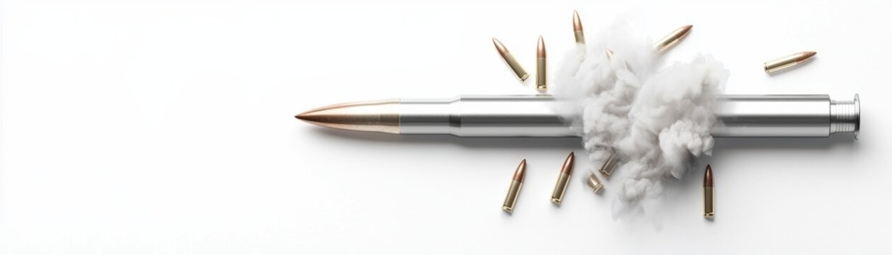 A sleek silver pen surrounded by cotton and bullets, symbolizing creativity in conflict or the power of written expression.