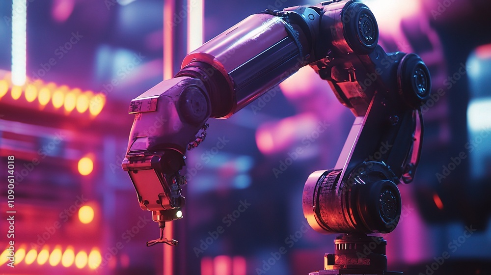 Poster robotic arm technology in futuristic environment with neon lighting and industrial background for mo