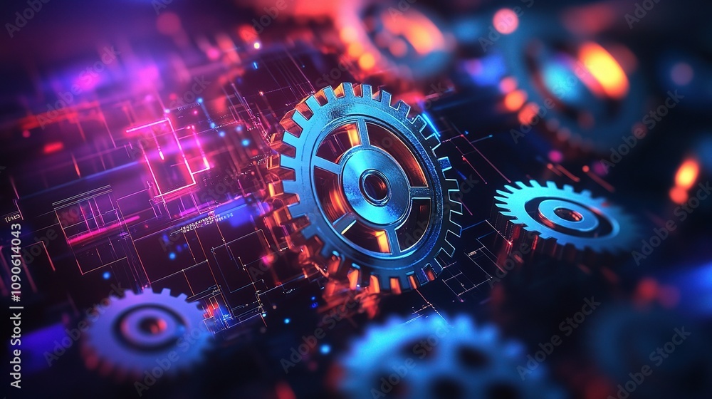 Poster gears of innovation: a mesmerizing close-up of metallic gears intertwining on a vibrant digital circ