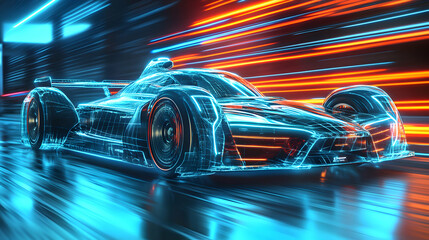 Fototapeta premium Futuristic Wireframe Race Car Speeds Through Neon Lights, Abstract 3D Render of High-Velocity Motion