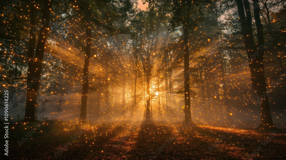 Poster a mystical forest with golden light streaming through the trees, creating a magical and ethereal atm
