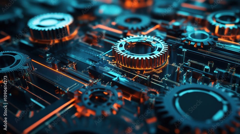 Poster cybernetic gears: intricate network of glowing gears and circuits, a mesmerizing blend of technology