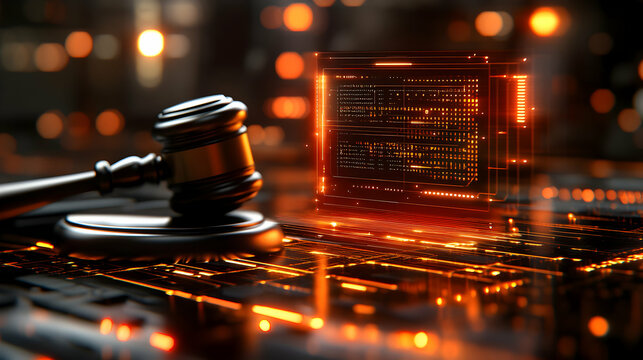 Gavel and Digital Code:  A 3D Rendering of Justice in the Digital Age, Illuminated with Warm Orange Hues.
