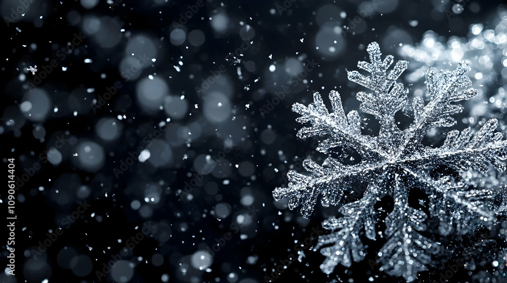 Poster sparkling silver snowflake falls on dark background with winter bokeh