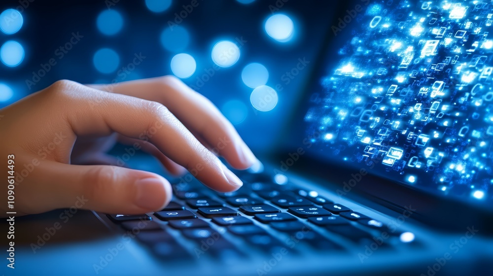 Poster closeup hands typing efficiently on laptop keyboard, embracing modern digital workflow