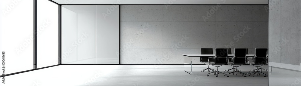Poster a minimalist office space featuring a sleek table and four chairs, illuminated by natural light from