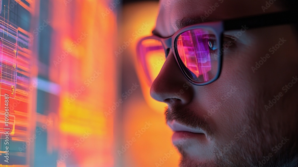 Poster close-up portrait of a focused male programmer analyzing code on a computer screen with vibrant colo