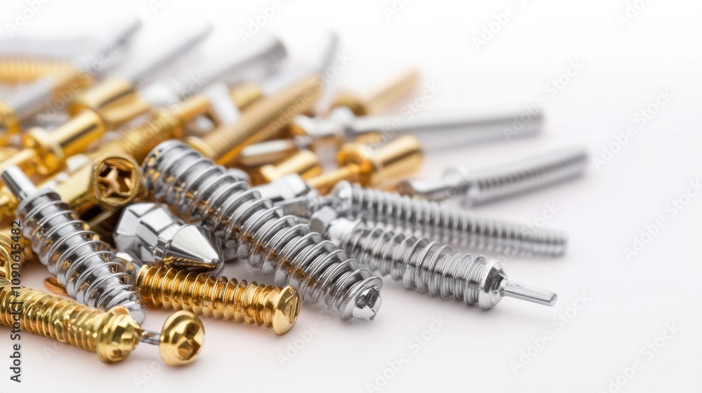Poster a close-up view of assorted metallic screws in various shapes and finishes, showcasing their shiny s
