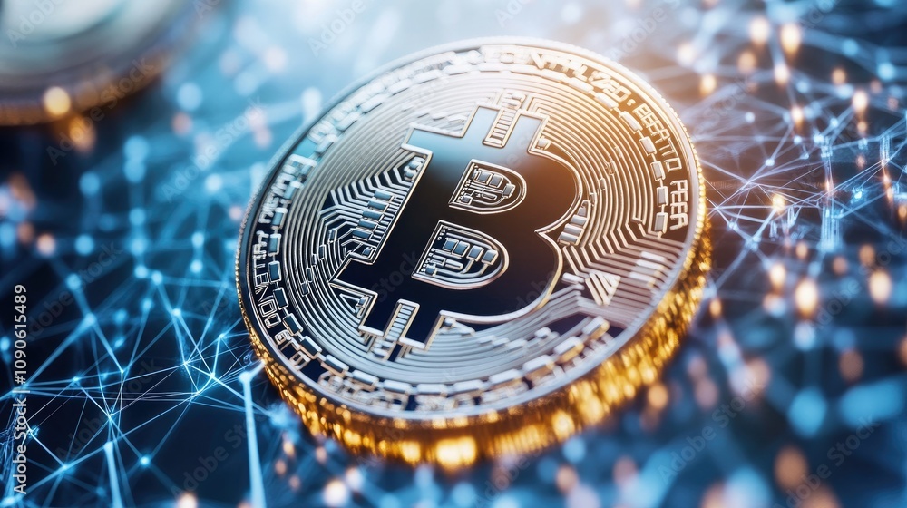 Aufkleber realistic representation of a bitcoin coin standing out against a digital background showcasing the 
