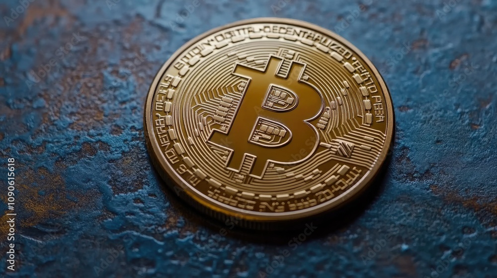 Poster detailed close-up of a bitcoin coin resting on a rustic surface, highlighting digital design and cry