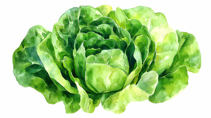 Obraz premium Vibrant Watercolor Painting of a Lush Green Lettuce Head, Isolated on White Background