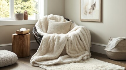 Cozy seating area with a fluffy blanket and decorative elements.