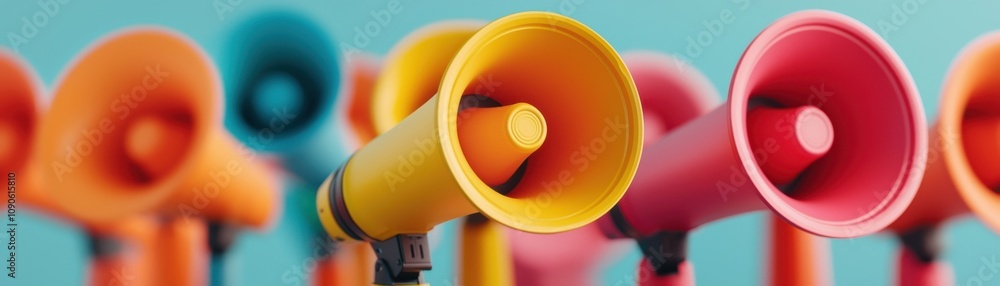 Poster a vibrant array of colorful megaphones arranged in a row against a blue background, symbolizing comm