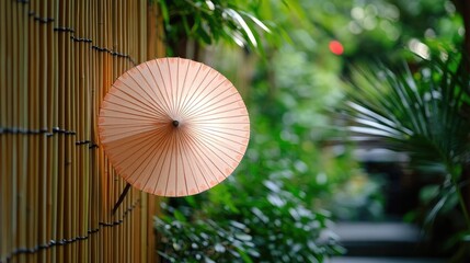 Obraz premium Elegant Traditional Umbrella Against a Bamboo Fence Surrounded by Lush Greenery in a Tranquil Outdoor Setting Ideal for Nature and Relaxation Themes